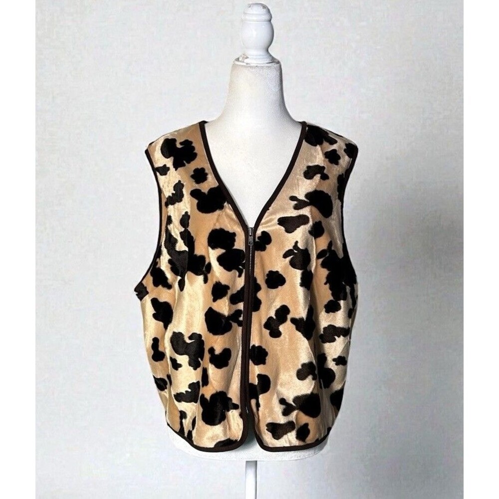 Vintage Cow Print Faux Fur Vest Large Womens Brown Cream Western Y2K Waistcoat